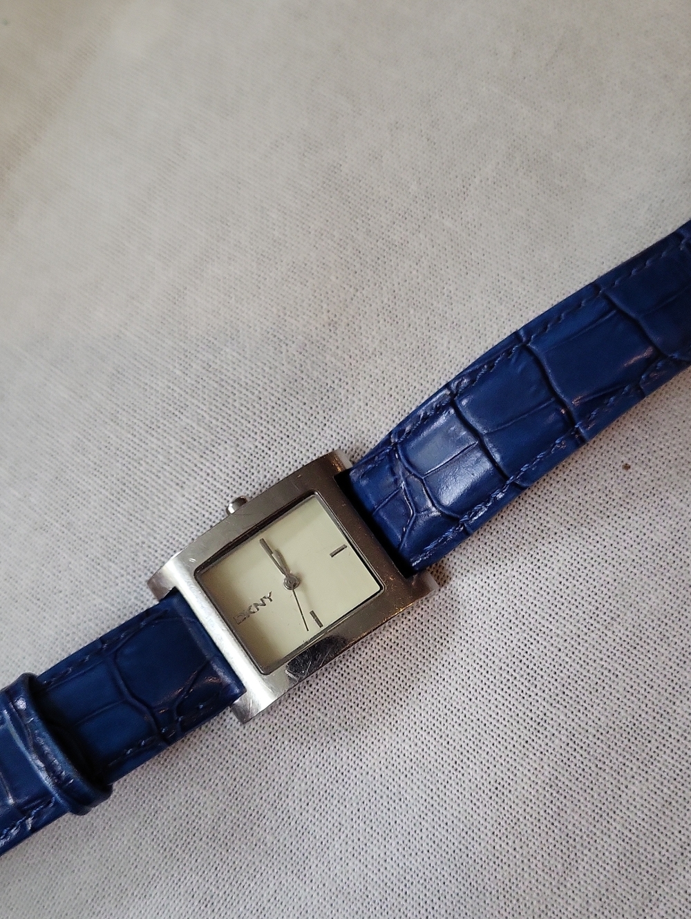 DKNY Silver Case Watch with Blue Croc-Embossed Strap